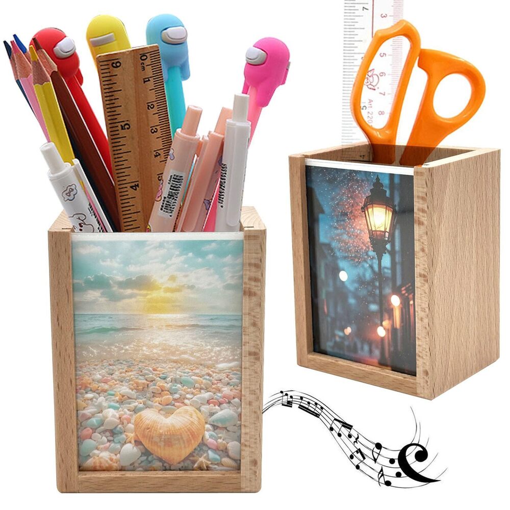 6775 Solid Wood Mini Photo Frame Pen Holder Wind Up Music Box for Desk